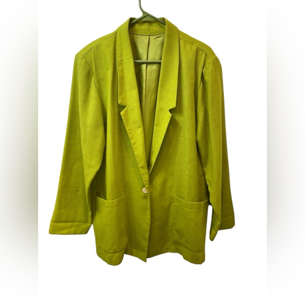 Vintage 90s Barry Stevens Bright Green Linen Blend Blazer Made in USA Size Large